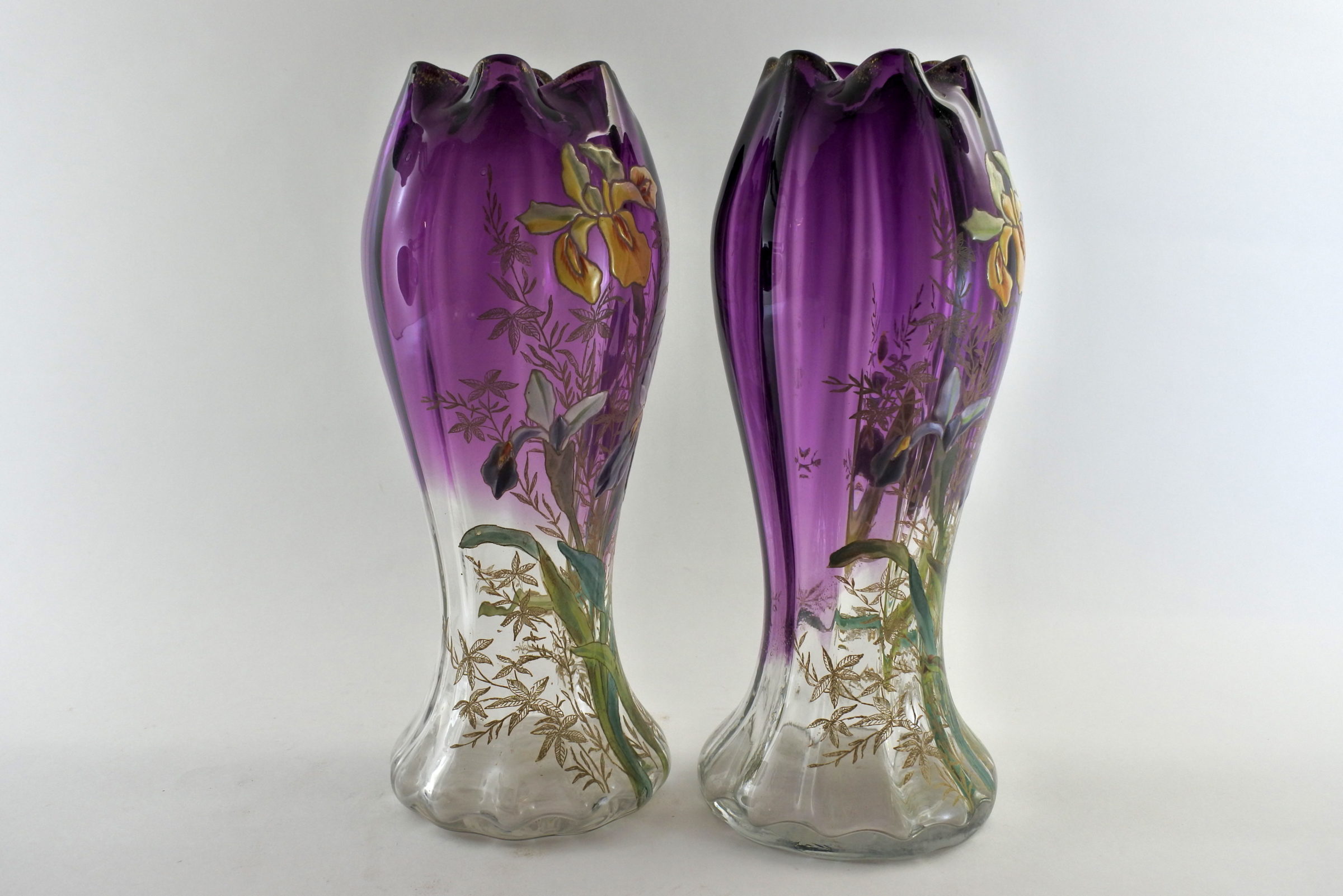 Coppia di vasi Legras in vetro soffiato e smalti con iris - 4