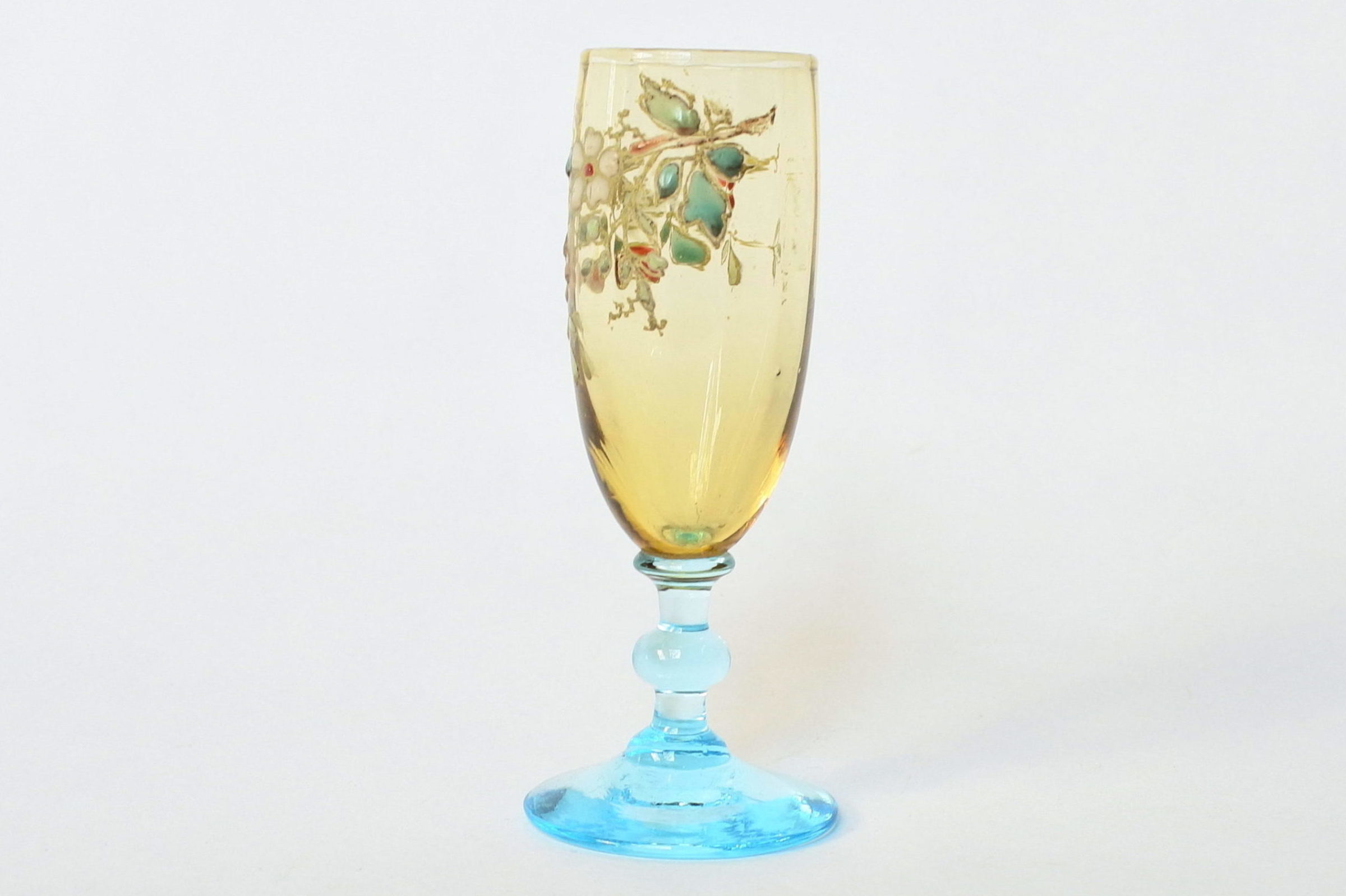 Bicchierino Legras a calice in vetro soffiato giallo con piede azzurro - 2