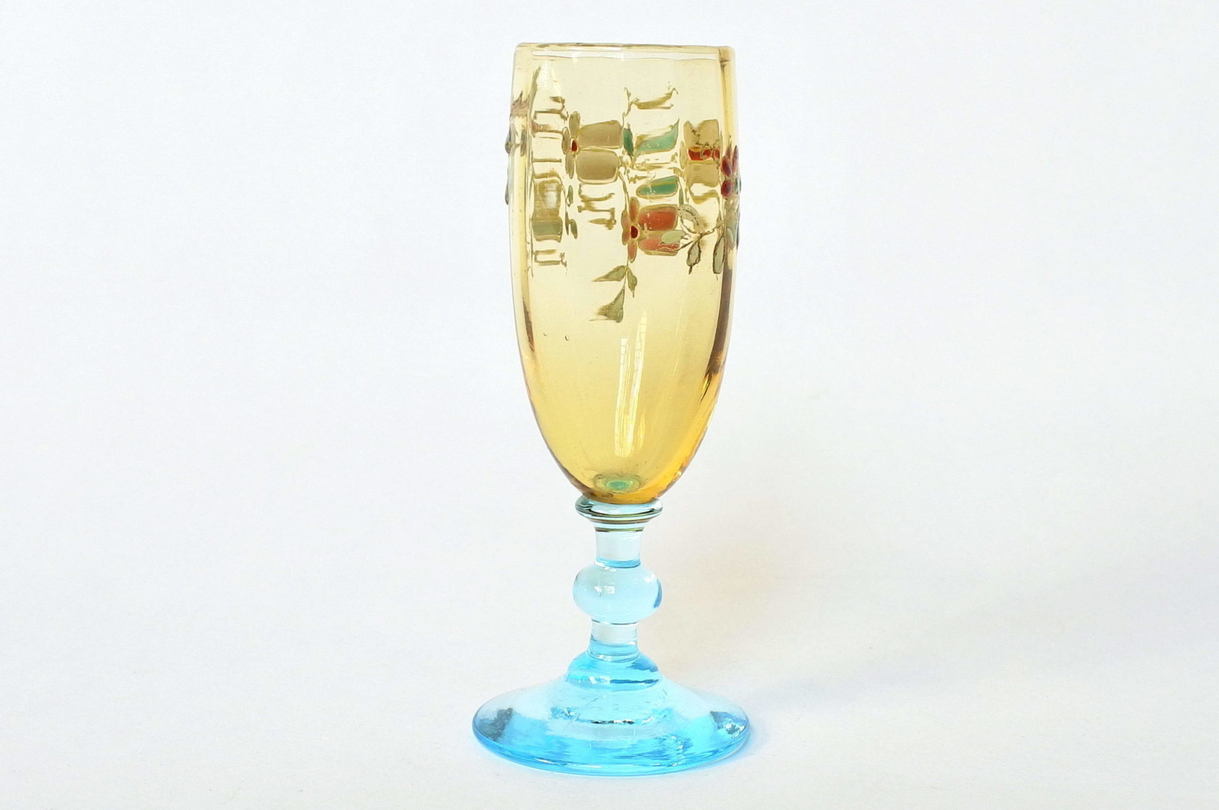Bicchierino Legras a calice in vetro soffiato giallo con piede azzurro - 3