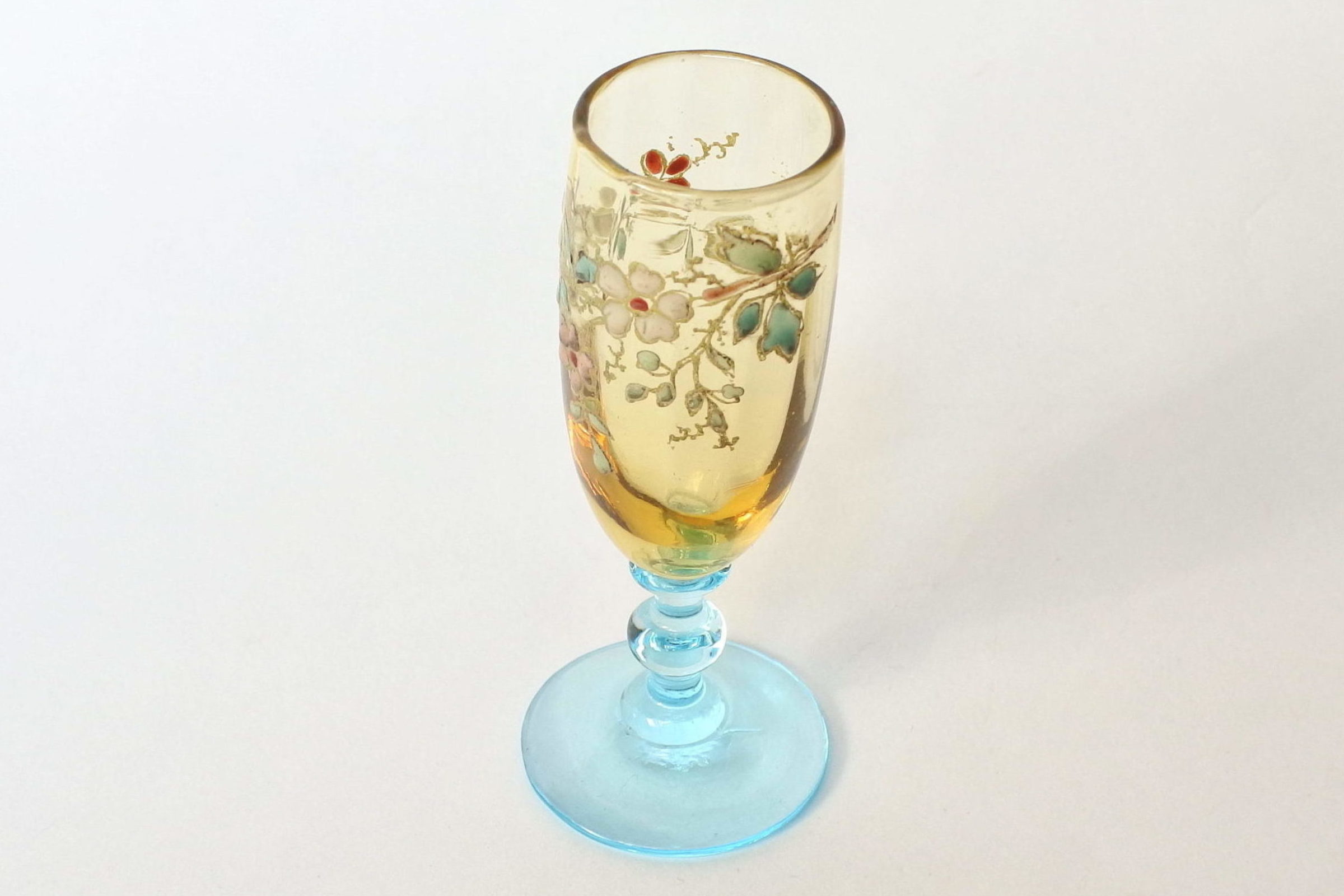 Bicchierino Legras a calice in vetro soffiato giallo con piede azzurro - 4