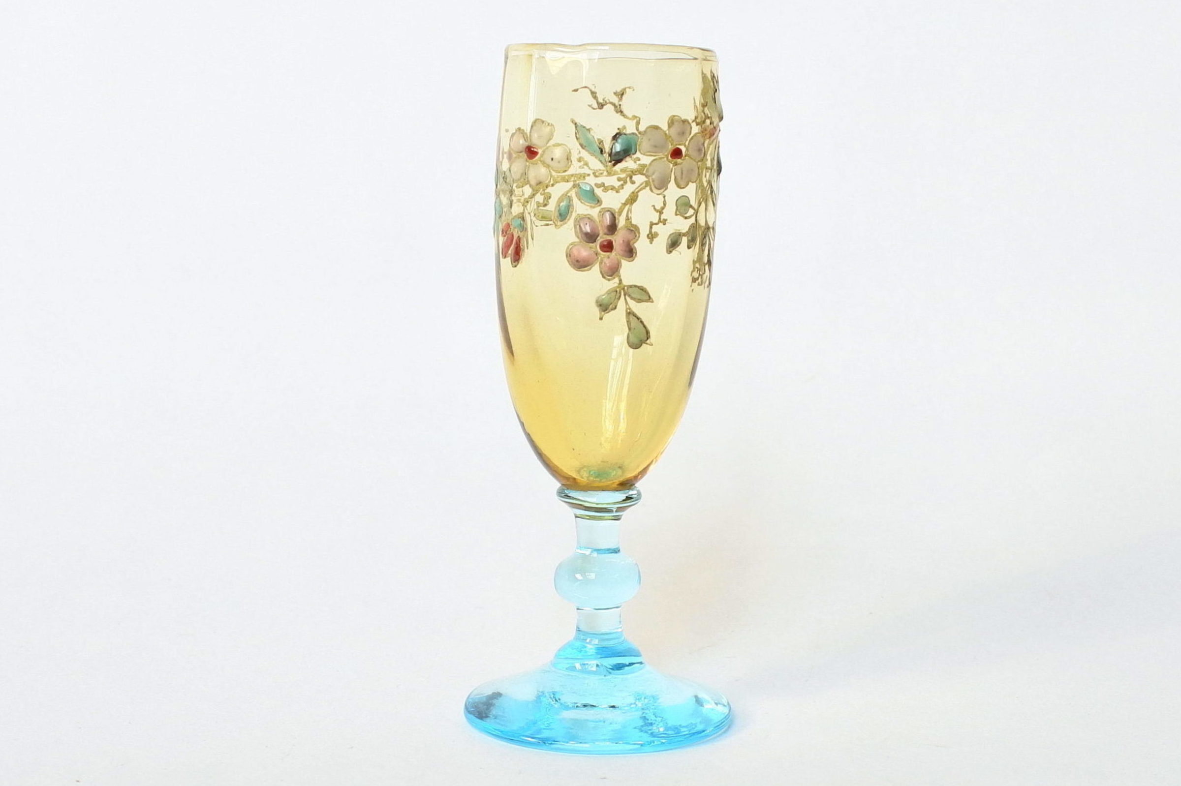 Bicchierino Legras a calice in vetro soffiato giallo con piede azzurro