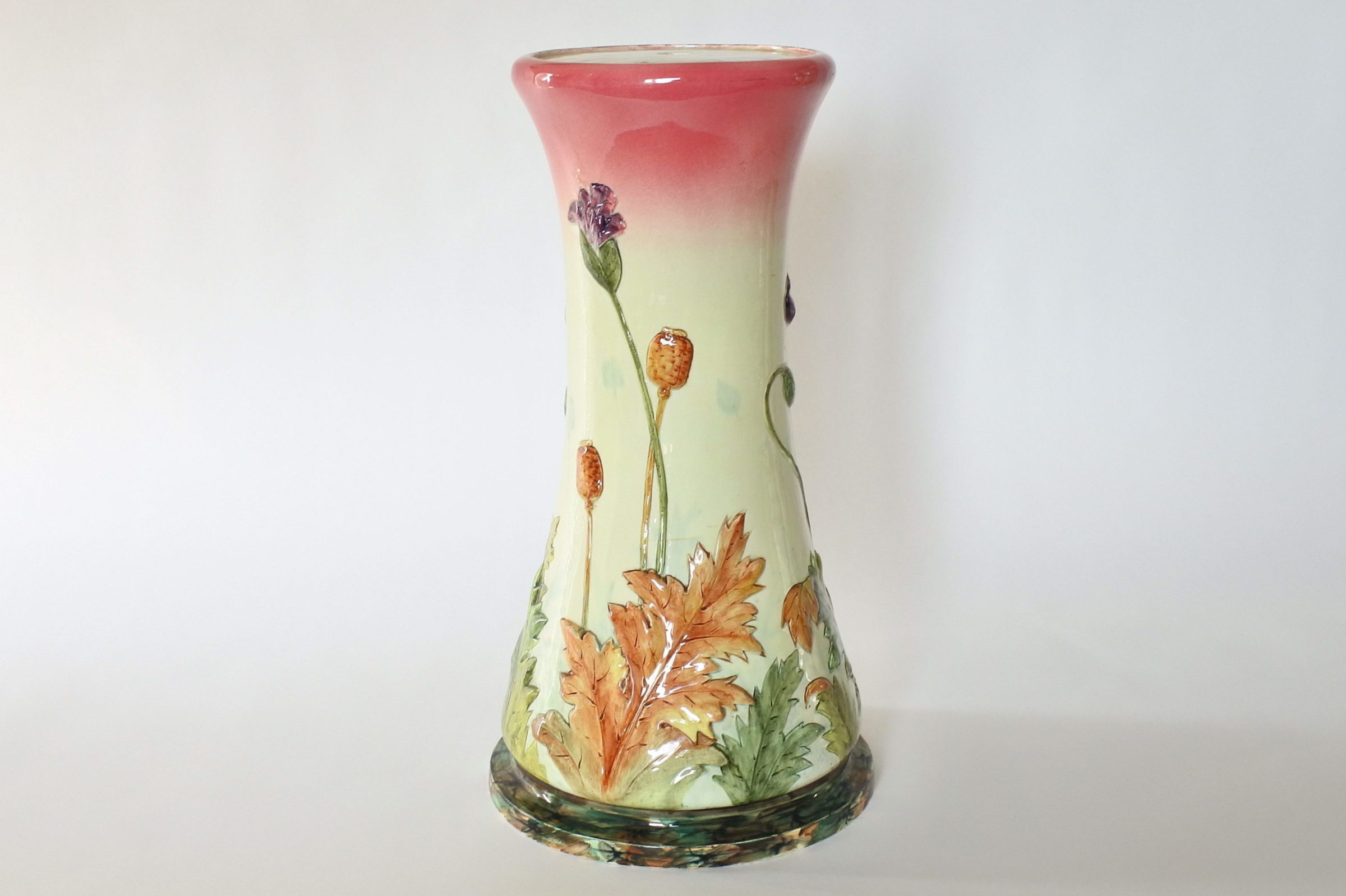 Cache pot e colonna in ceramica barbotine con papaveri e boccioli - Massier - 11