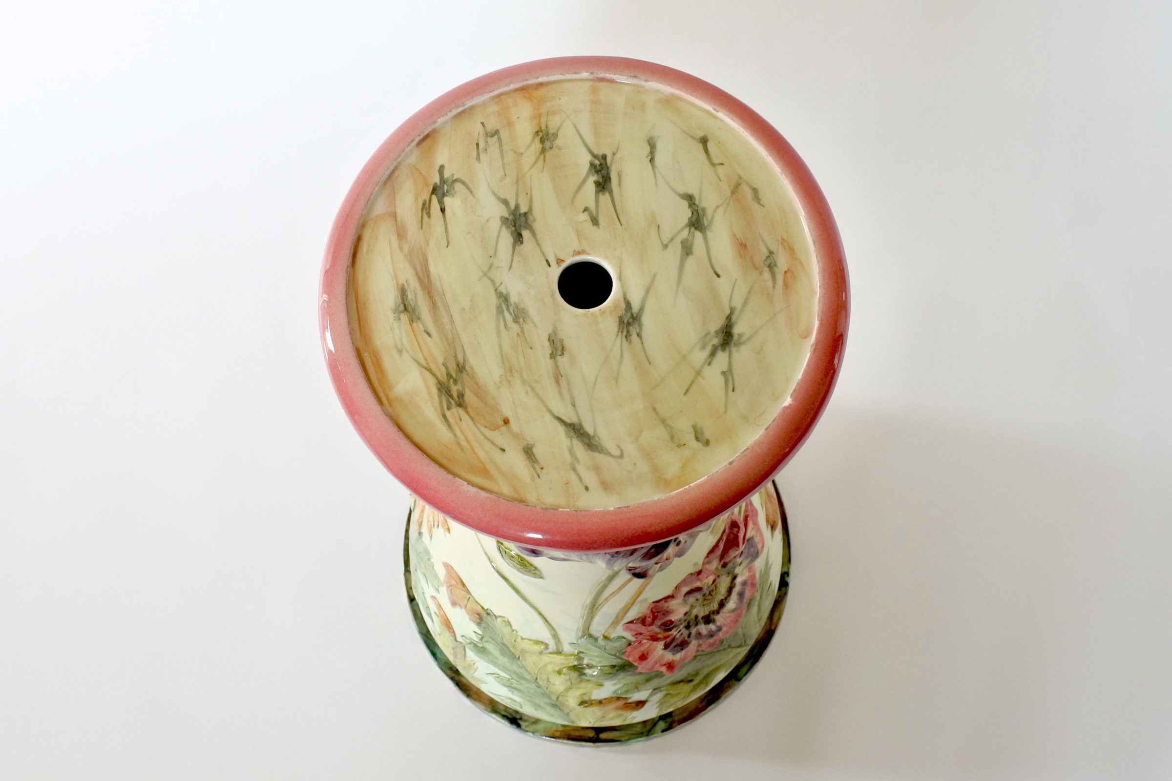 Cache pot e colonna in ceramica barbotine con papaveri e boccioli - Massier - 14