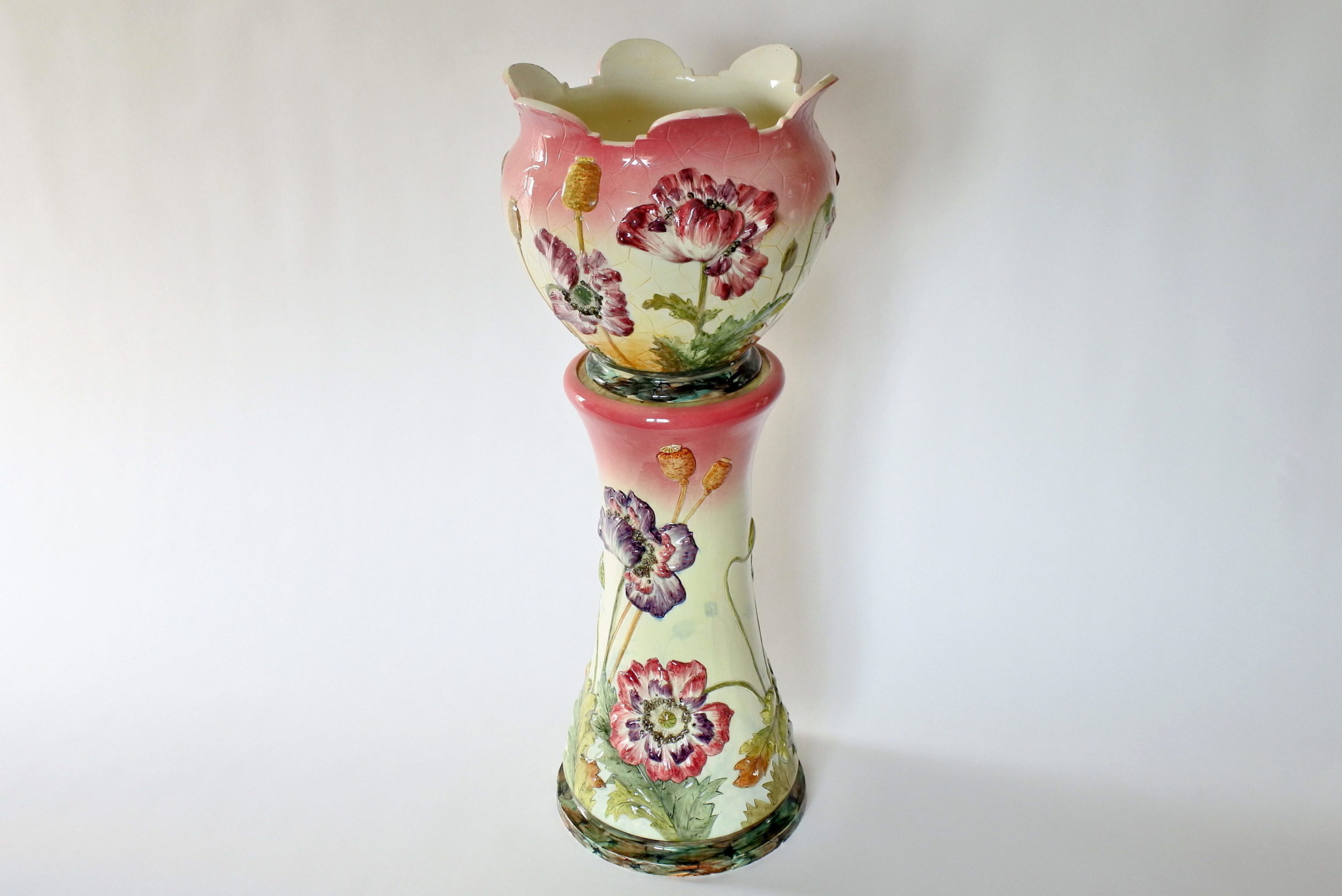 Cache pot e colonna in ceramica barbotine con papaveri e boccioli - Massier - 2