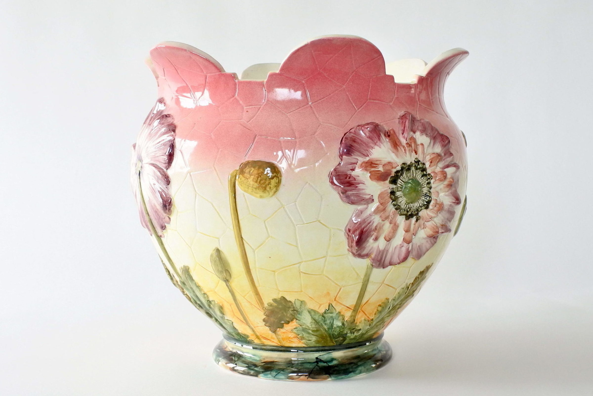 Cache pot e colonna in ceramica barbotine con papaveri e boccioli - Massier - 5
