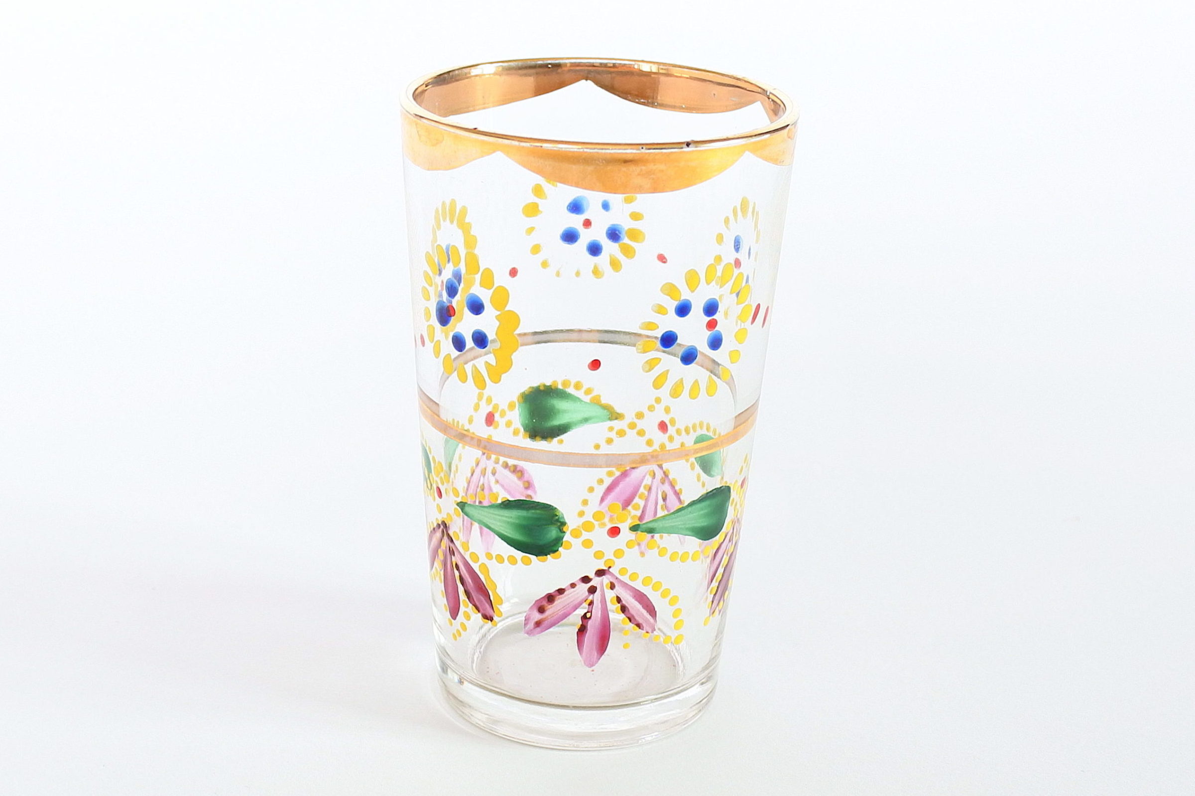 Bicchiere in vetro soffiato con decoro di fiori e bordi in oro - 2