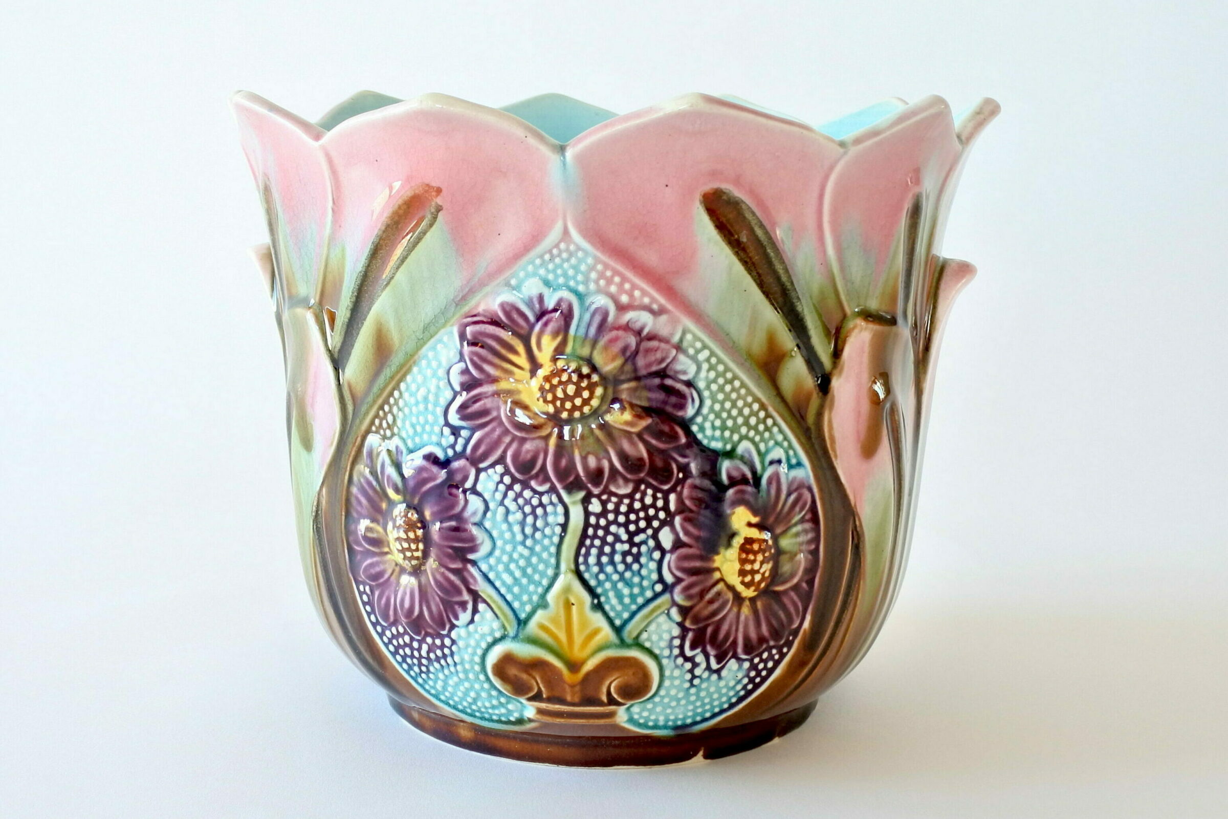 Cache pot Art Nouveau in ceramica barbotine decorato con fiori - 3