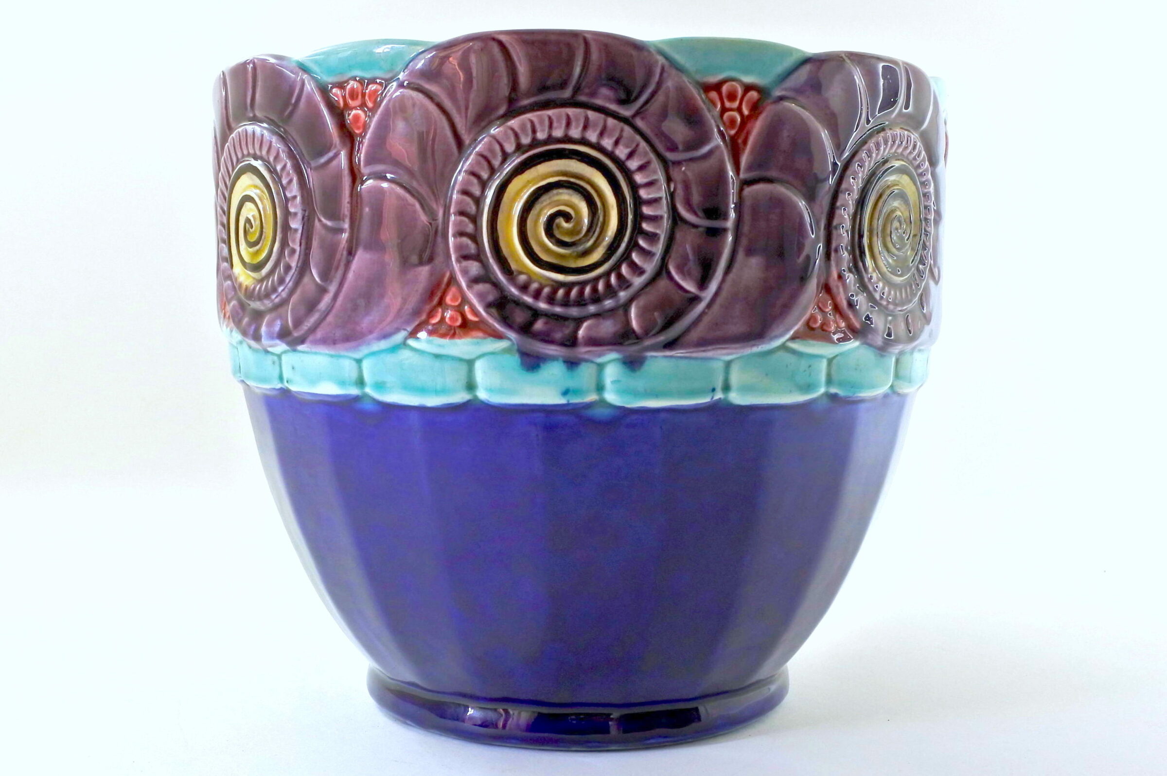 Grande cache pot Art Deco in ceramica barbotine francese