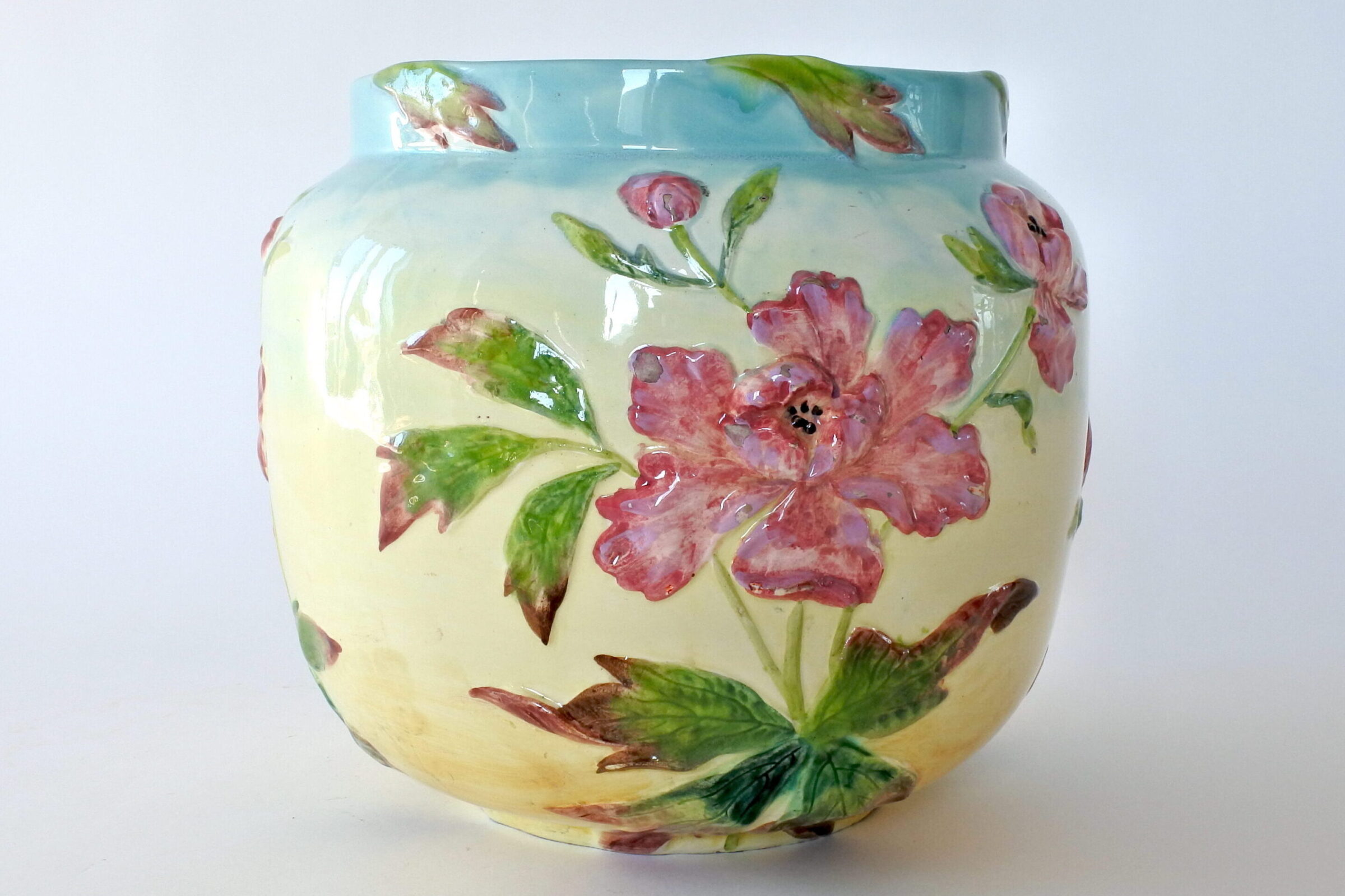 Grande cache pot in ceramica barbotine con fiori di anemone - 3