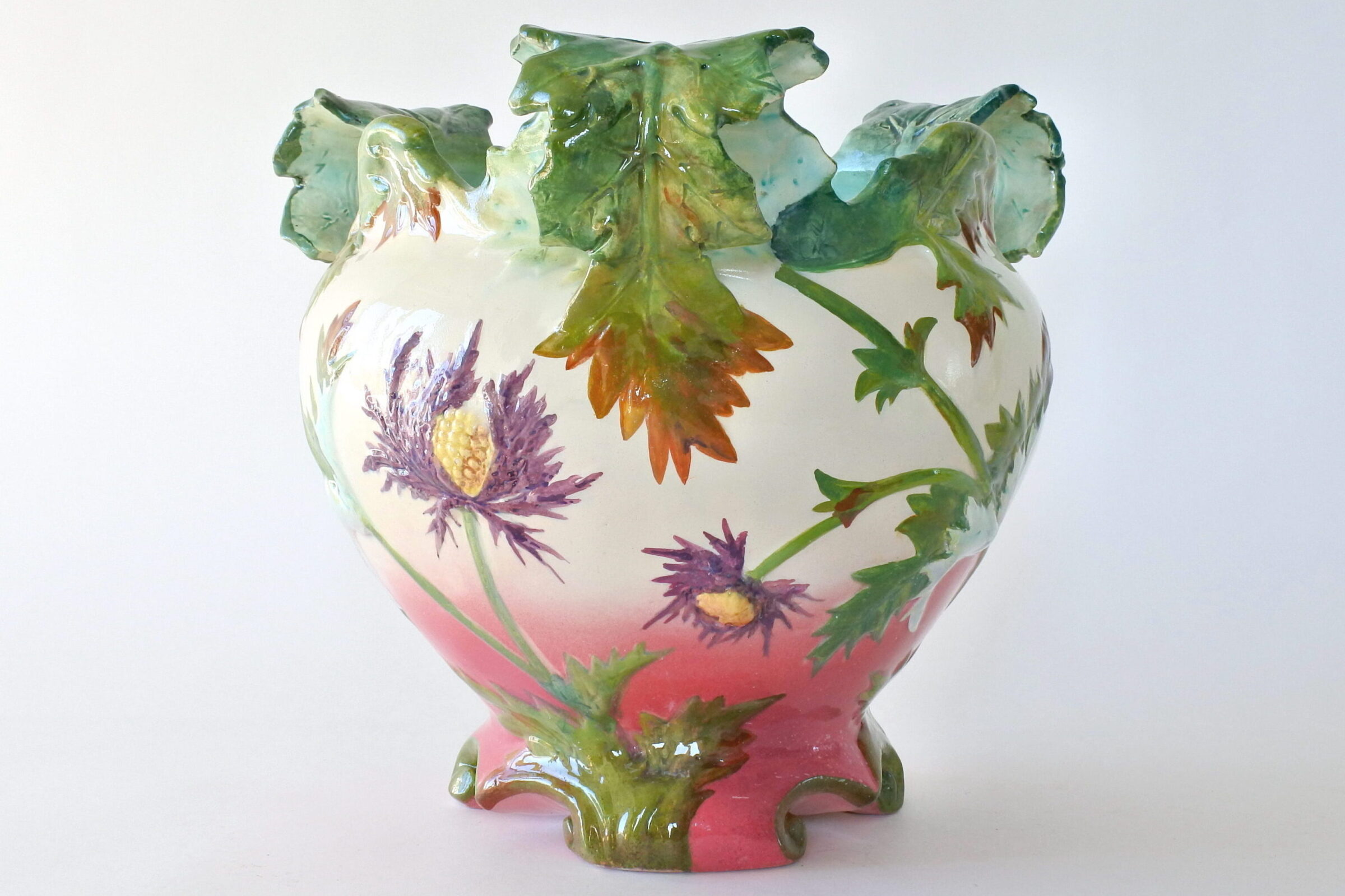 Grande cache pot Massier in ceramica barbotine con cardi in fiore - 2