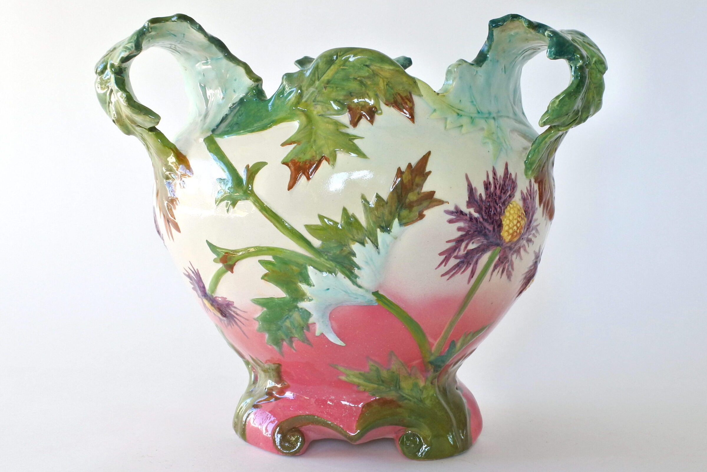 Grande cache pot Massier in ceramica barbotine con cardi in fiore - 3