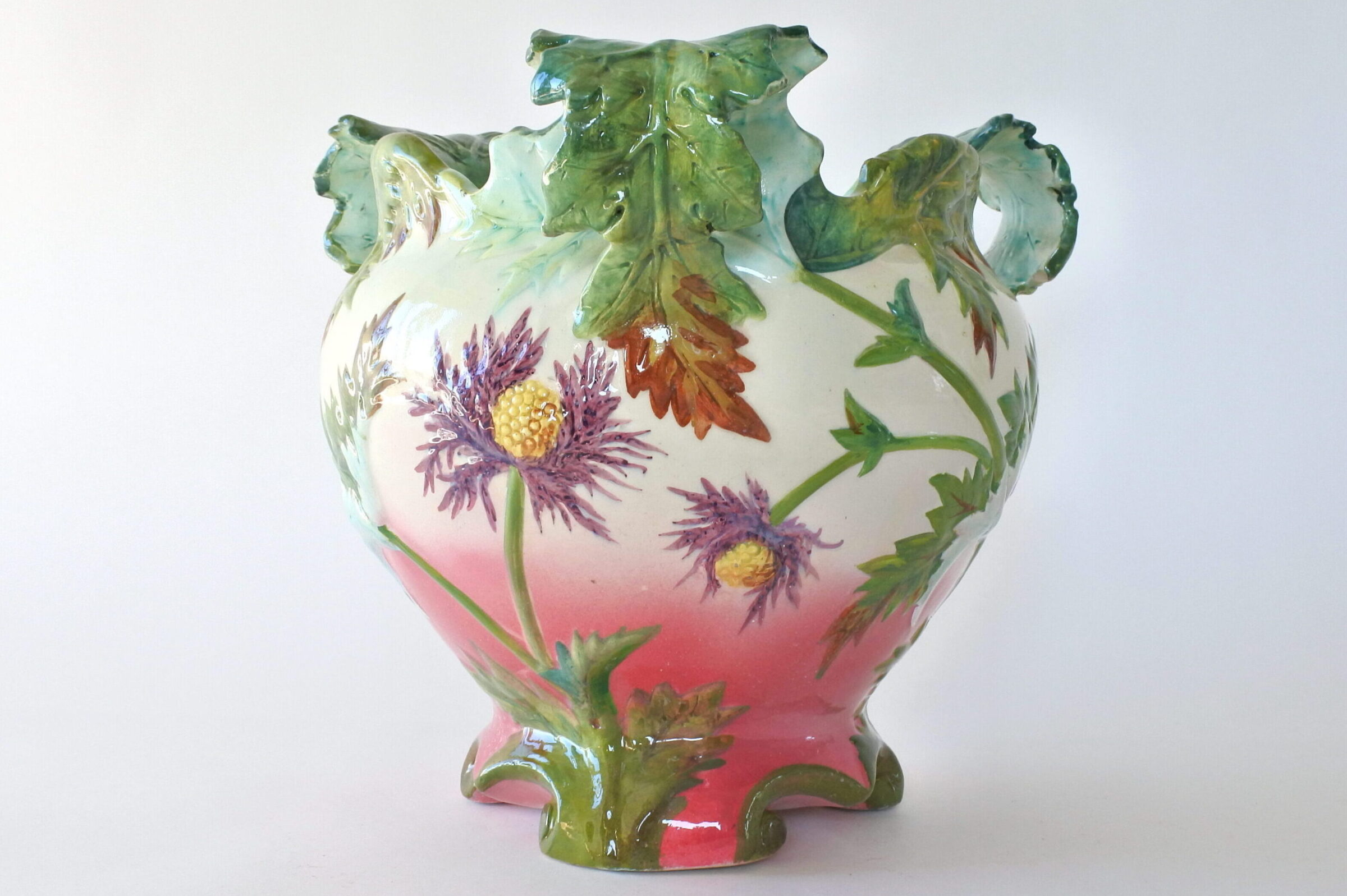 Grande cache pot Massier in ceramica barbotine con cardi in fiore - 4