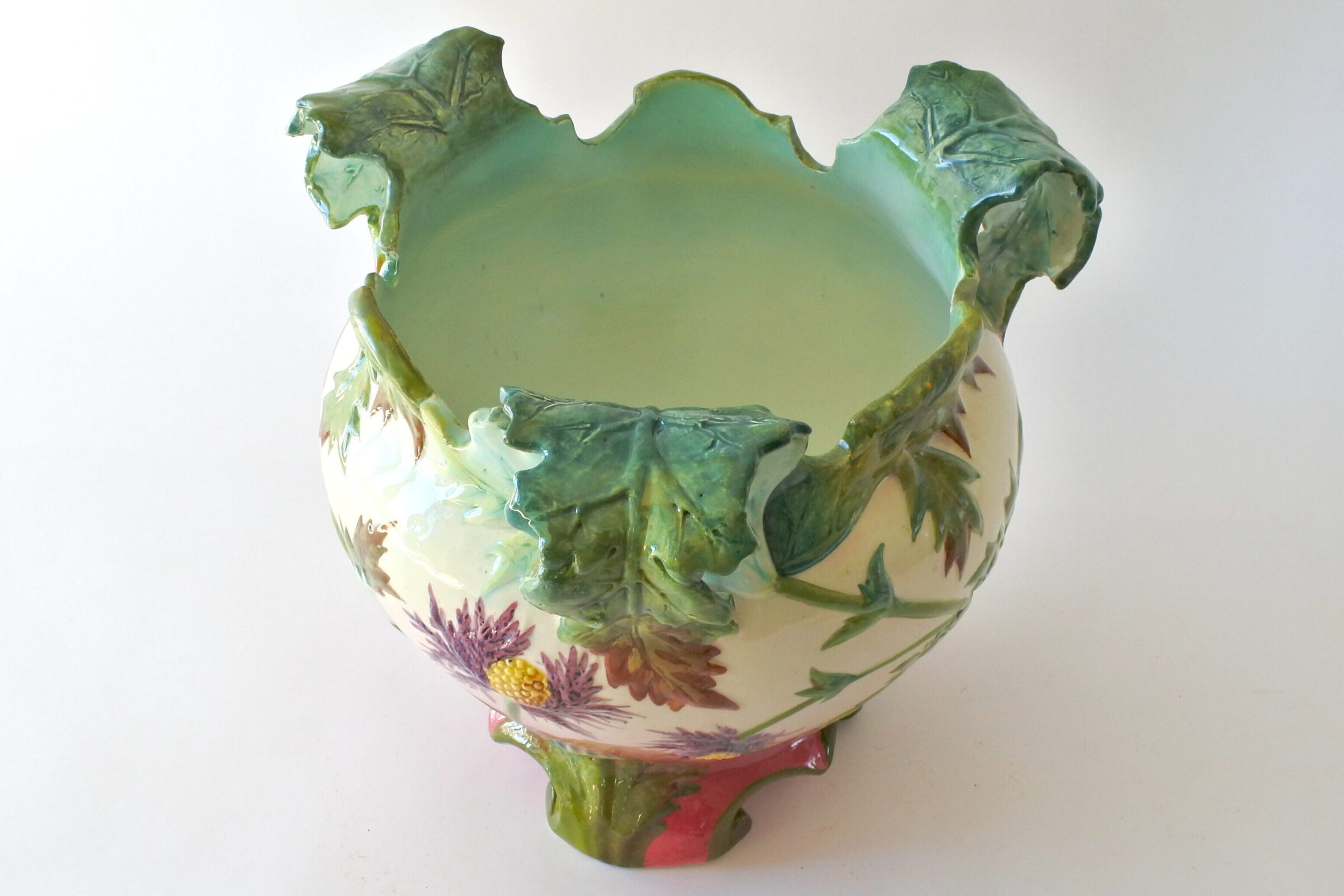 Grande cache pot Massier in ceramica barbotine con cardi in fiore - 5